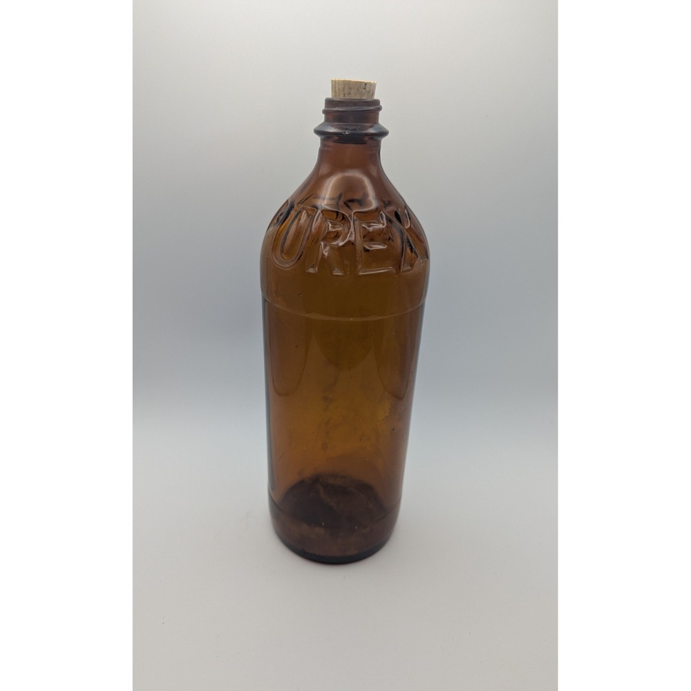 Purex Amber Glass Bottle Vintage with Cork Stopper Embossed‎ 10" Tall Rustic